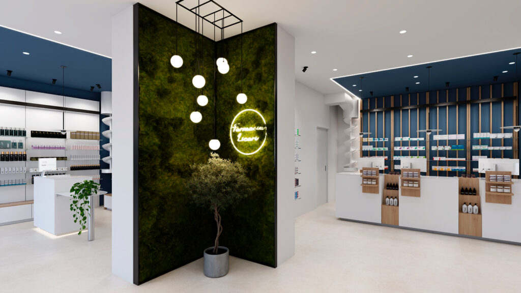 Diseño sobre biofilia en farmacia.